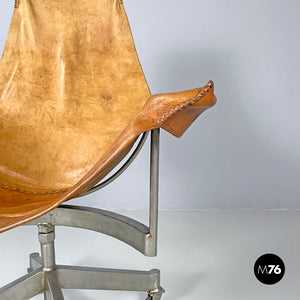 Brown leather swivel chairs with wheels, 1950s