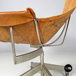 Brown leather swivel chairs with wheels, 1950s