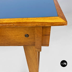 LIght blue laminate and solid wood desk, with drawer, 1960s