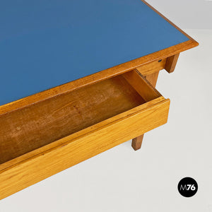 LIght blue laminate and solid wood desk, with drawer, 1960s