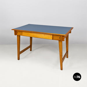 LIght blue laminate and solid wood desk, with drawer, 1960s