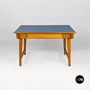 LIght blue laminate and solid wood desk, with drawer, 1960s