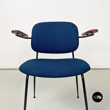 Load image into Gallery viewer, Black metal, blue fabric and beech wood chair with armrests, 1960s
