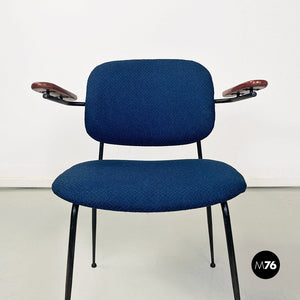 Black metal, blue fabric and beech wood chair with armrests, 1960s