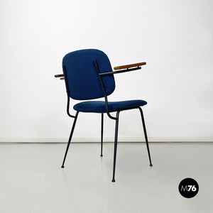 Black metal, blue fabric and beech wood chair with armrests, 1960s