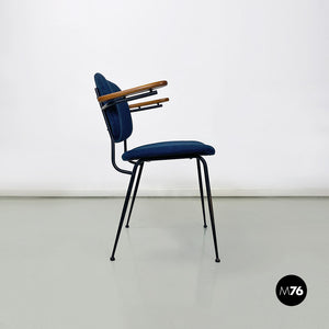 Black metal, blue fabric and beech wood chair with armrests, 1960s