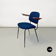 Load image into Gallery viewer, Black metal, blue fabric and beech wood chair with armrests, 1960s
