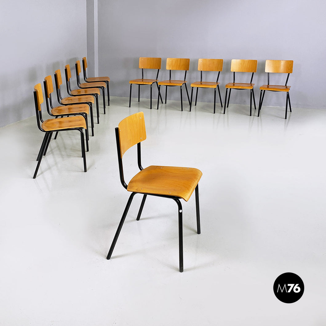 Beech wood and black metal school chairs, 1960s