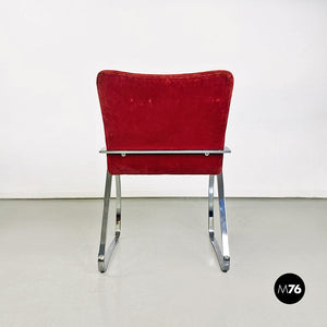 Brick red velvet and chromed metal chairs, 1970s