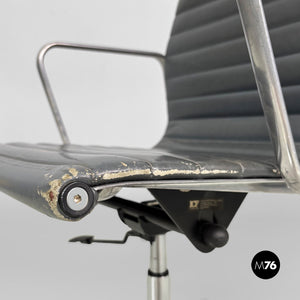 Dark grey leather office chairs EA108 by Charles and Ray Eames for ICF, 1970s