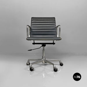 Dark grey leather office chairs EA108 by Charles and Ray Eames for ICF, 1970s