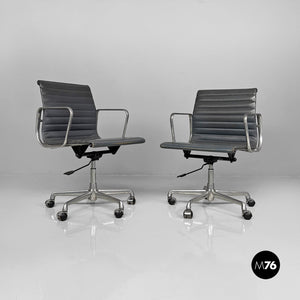 Dark grey leather office chairs EA108 by Charles and Ray Eames for ICF, 1970s