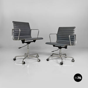 Dark grey leather office chairs EA108 by Charles and Ray Eames for ICF, 1970s