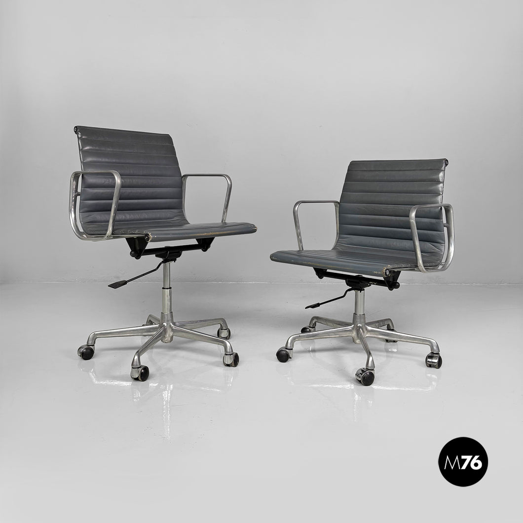 Dark grey leather office chairs EA108 by Charles and Ray Eames for ICF, 1970s
