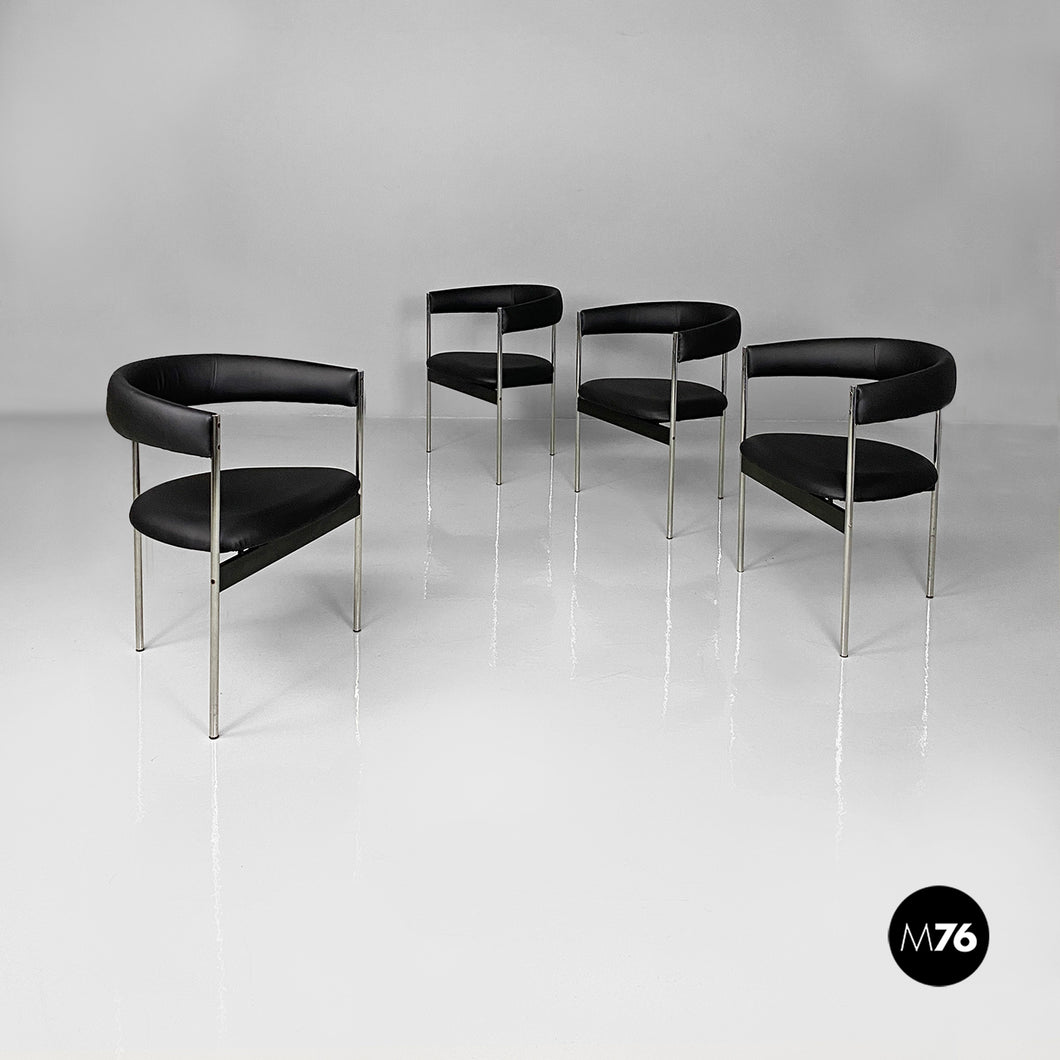 Tub chairs with chromed metal and black leatherette, 1970s