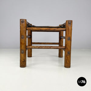 Brown leather and wood stool, 1950s