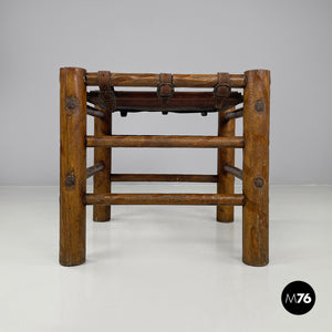 Brown leather and wood stool, 1950s