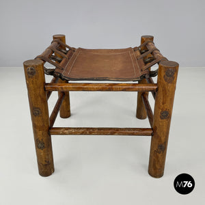 Brown leather and wood stool, 1950s