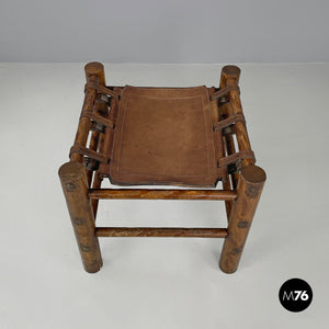 Brown leather and wood stool, 1950s