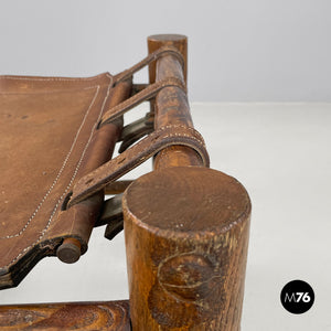 Brown leather and wood stool, 1950s