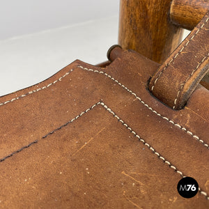 Brown leather and wood stool, 1950s