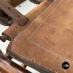 Brown leather and wood stool, 1950s