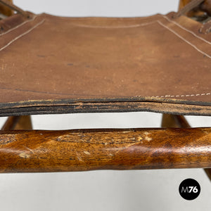 Brown leather and wood stool, 1950s