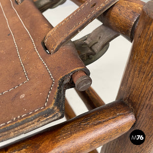 Brown leather and wood stool, 1950s