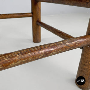 Brown leather and wood stool, 1950s