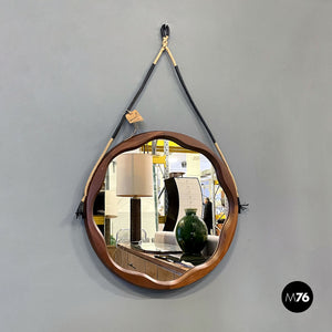 Rounded wooden wall mirror with rope, 1960s