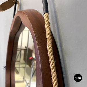 Rounded wooden wall mirror with rope, 1960s