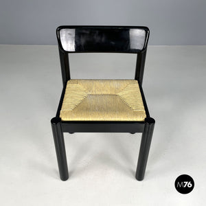 Straw and black wood chair, 1970s