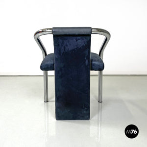 Blue velvet and chromed metal chairs, 1980s