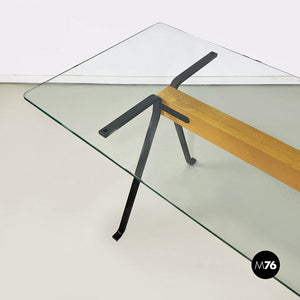Glass, iron and wood Frate table by Enzo Mari for Driade, 1980s