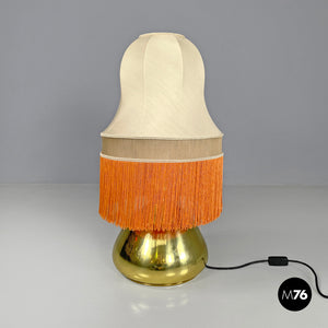 Brass table lamp with beige shade and orange fringes, 1980s