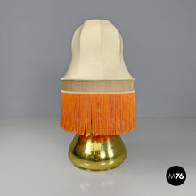 Load image into Gallery viewer, Brass table lamp with beige shade and orange fringes, 1980s
