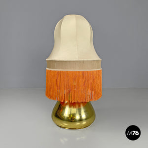 Brass table lamp with beige shade and orange fringes, 1980s