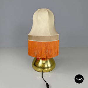 Brass table lamp with beige shade and orange fringes, 1980s