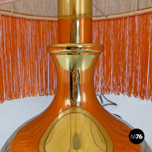 Load image into Gallery viewer, Brass table lamp with beige shade and orange fringes, 1980s
