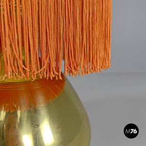 Brass table lamp with beige shade and orange fringes, 1980s