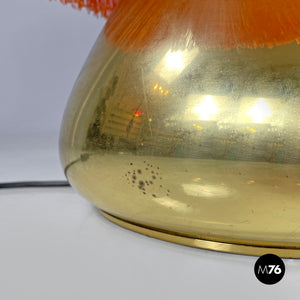 Brass table lamp with beige shade and orange fringes, 1980s