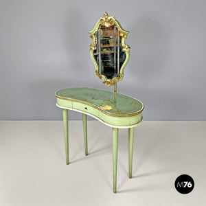 Console with mirror or petineuse in green decorated wood, 1950s