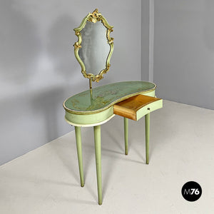 Console with mirror or petineuse in green decorated wood, 1950s