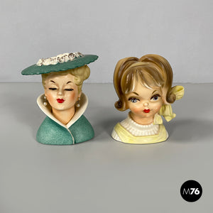 Ceramic head vases finely decorated and accessorized, first half of the 1900s