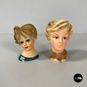 Ceramic head vases finely decorated and accessorized, first half of the 1900s