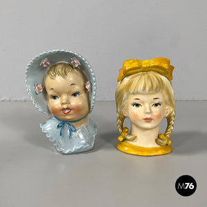 Ceramic head vases finely decorated and accessorized, first half of the 1900s