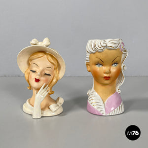 Ceramic head vases finely decorated and accessorized, first half of the 1900s