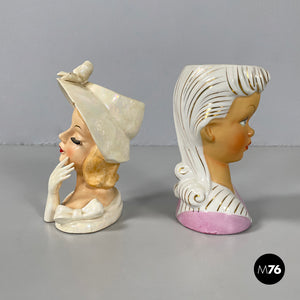 Ceramic head vases finely decorated and accessorized, first half of the 1900s