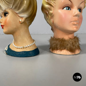 Ceramic head vases finely decorated and accessorized, first half of the 1900s