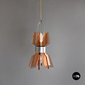 Chandelier in peach pink glass and metal, 1960s